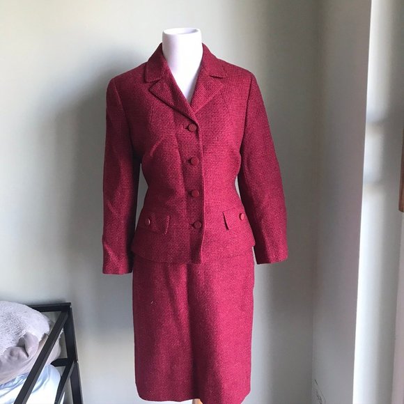 Vintage Dresses & Skirts - Vntg 1950s Custom Raspberry tweed lined wool suit
